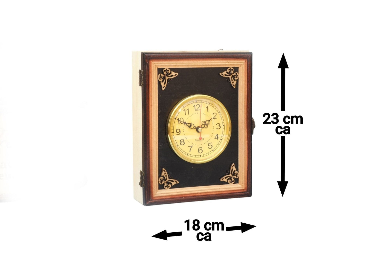 Tischuhr in Holzrahmen mit Wandaufhänger und Fach mit Schatullenverschluss - Eine nachhaltige und elegante Uhr für jeden Raum