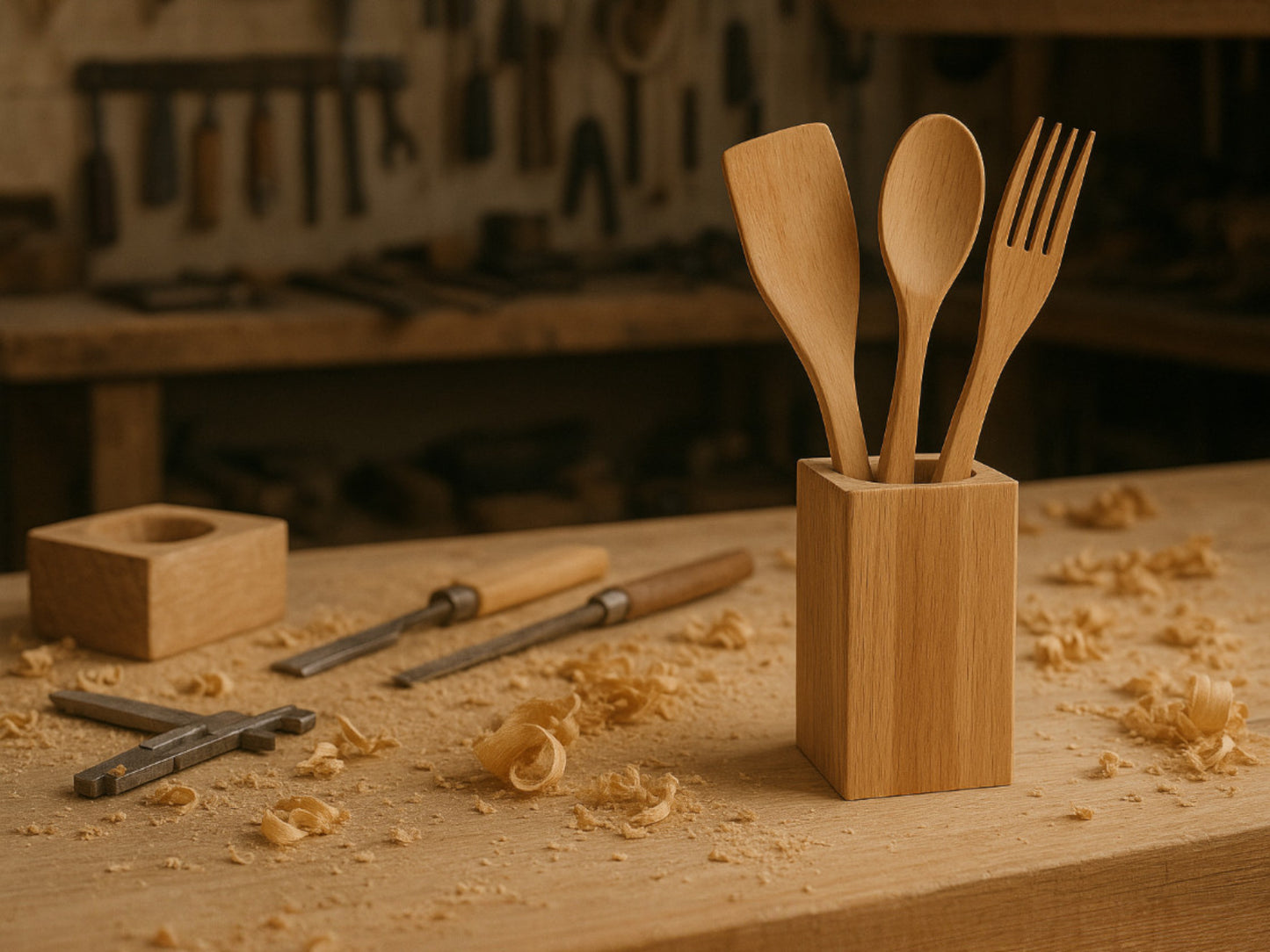 Küchenutensilien Holz Set – Küchenhelfer im Besteck Kasten – Geschenk für Frauen & Mama – Landhaus Deko, Zero Waste
