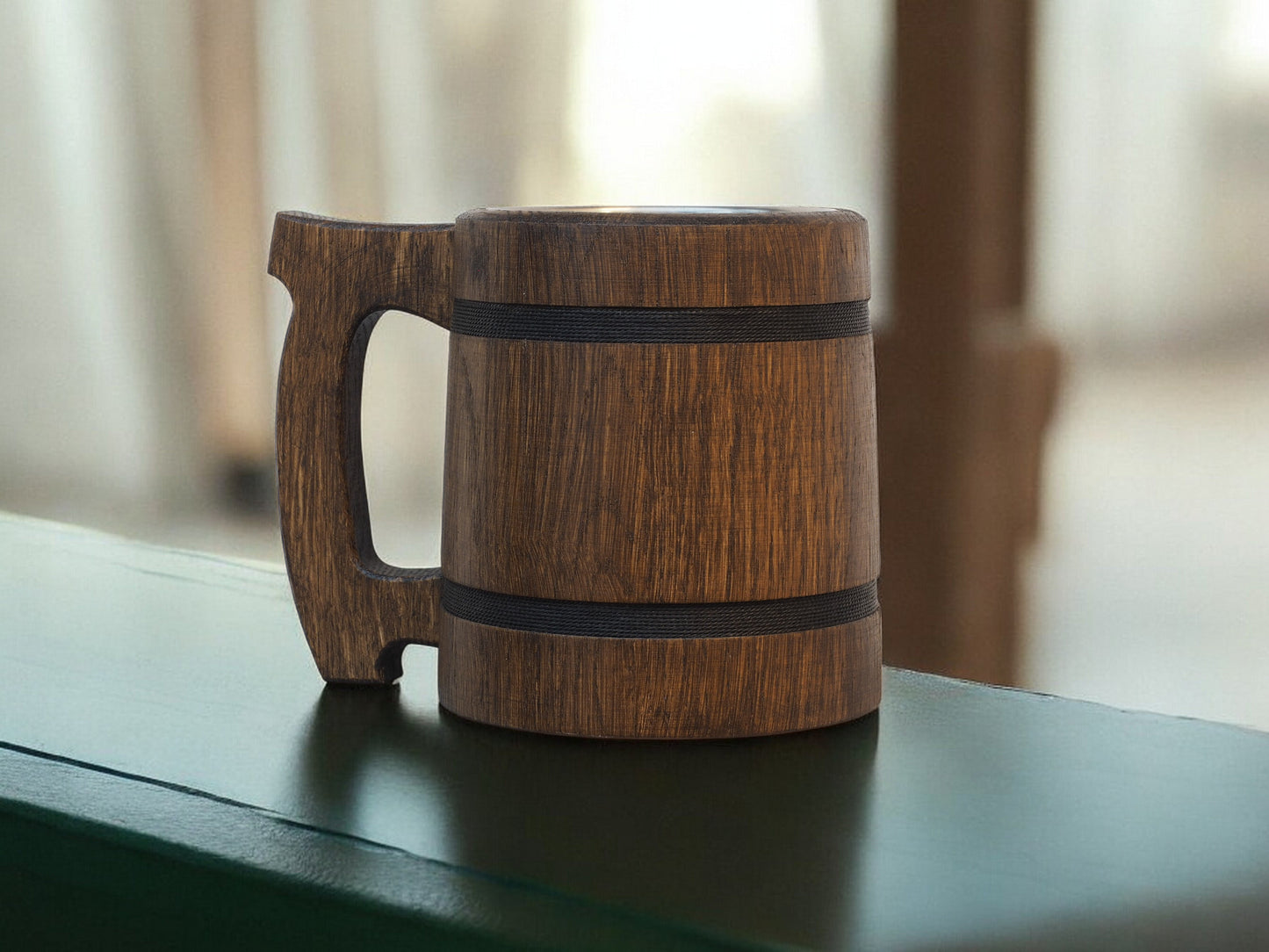Handmade Oak Beer Mug - Rustic Wooden Mug with Handle, Perfect Gift for Men & Decoration - 14 cm high, 18 cm wide