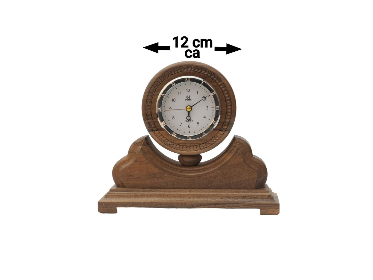 Handgefertigte Tischuhr mit Weckerfunktion aus Holz und Metall, mit römischen Zahlen und arabischen Zahlen