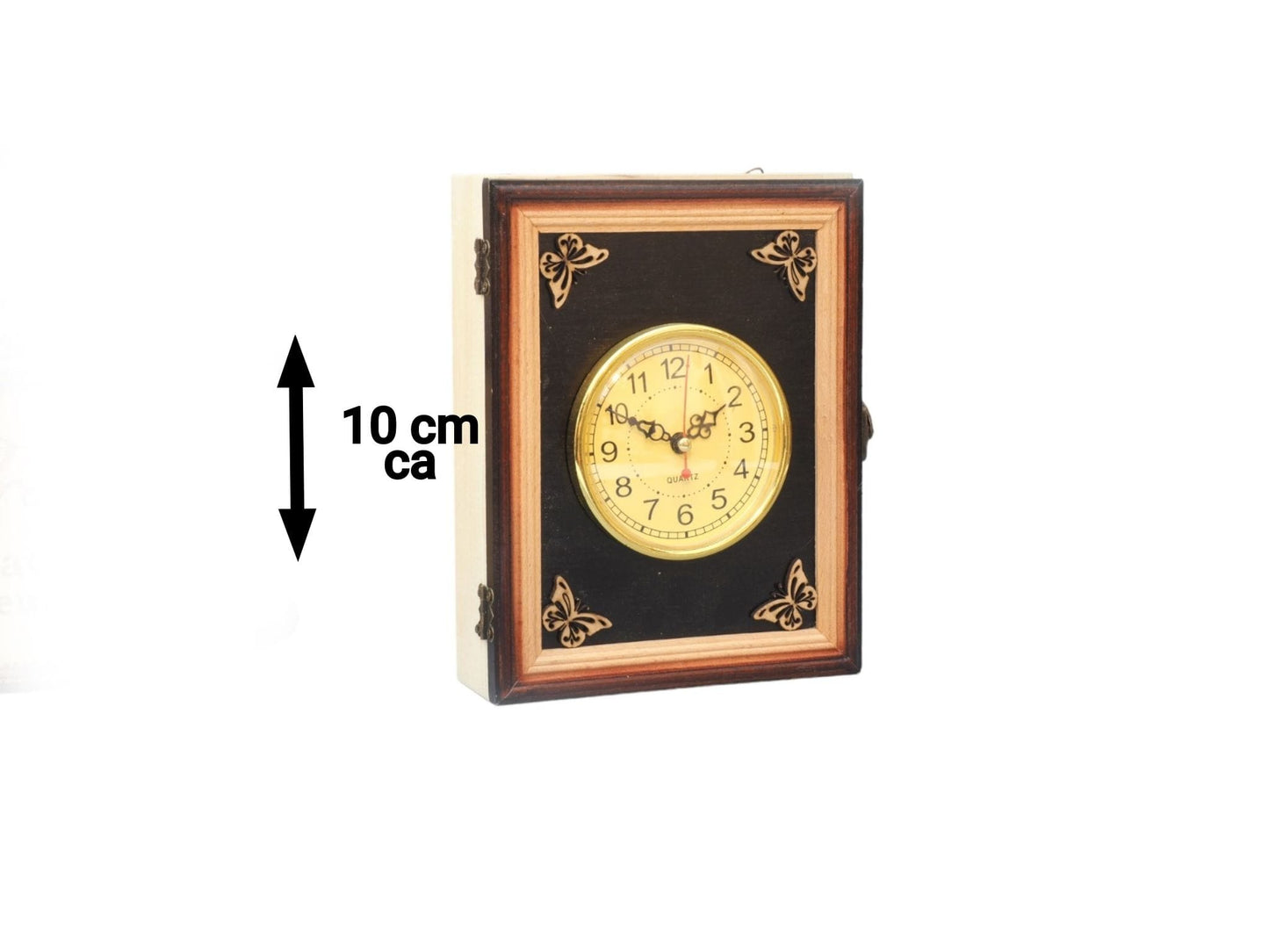 Tischuhr in Holzrahmen mit Wandaufhänger und Fach mit Schatullenverschluss - Eine nachhaltige und elegante Uhr für jeden Raum