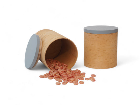 Storage boxes made of birch bark and birch wood, lids in sky blue