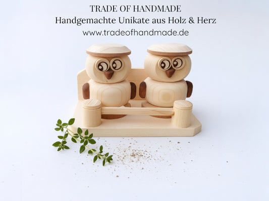 Handgemachtes 3-teiliges Salz- & Pfefferstreuer Eulen-Set aus Holz