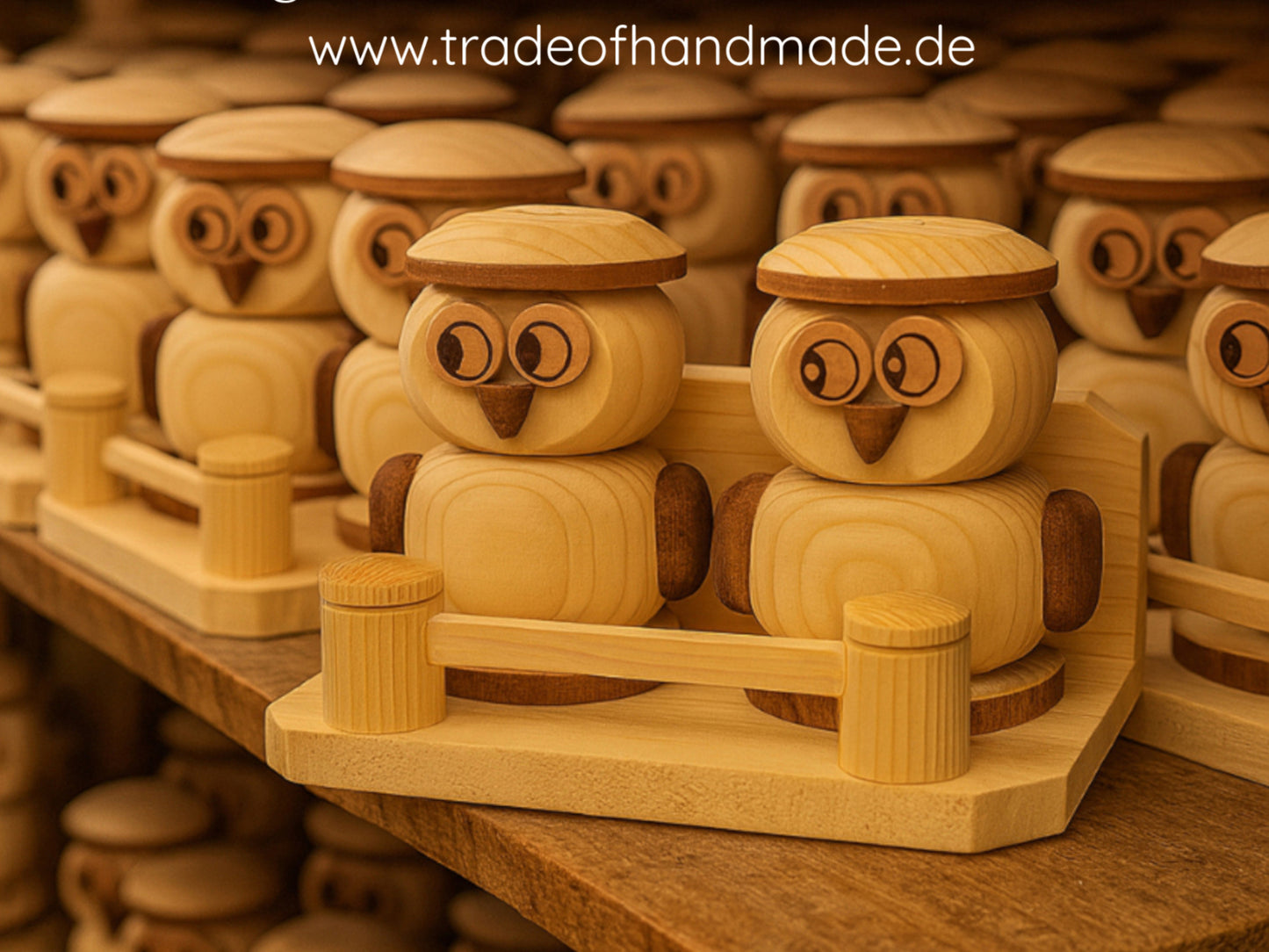 Handgemachtes 3-teiliges Salz- & Pfefferstreuer Eulen-Set aus Holz