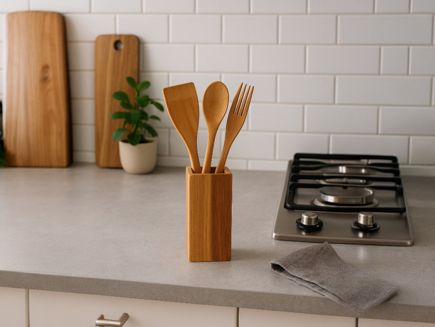 Küchenutensilien Holz Set – Küchenhelfer im Besteck Kasten – Geschenk für Frauen & Mama – Landhaus Deko, Zero Waste