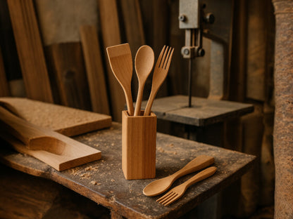 Küchenutensilien Holz Set – Küchenhelfer im Besteck Kasten – Geschenk für Frauen & Mama – Landhaus Deko, Zero Waste