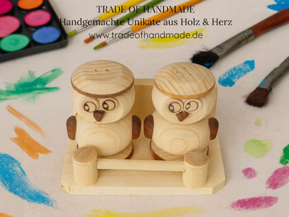 Handgemachtes 3-teiliges Salz- & Pfefferstreuer Eulen-Set aus Holz