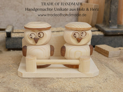 Handgemachtes 3-teiliges Salz- & Pfefferstreuer Eulen-Set aus Holz