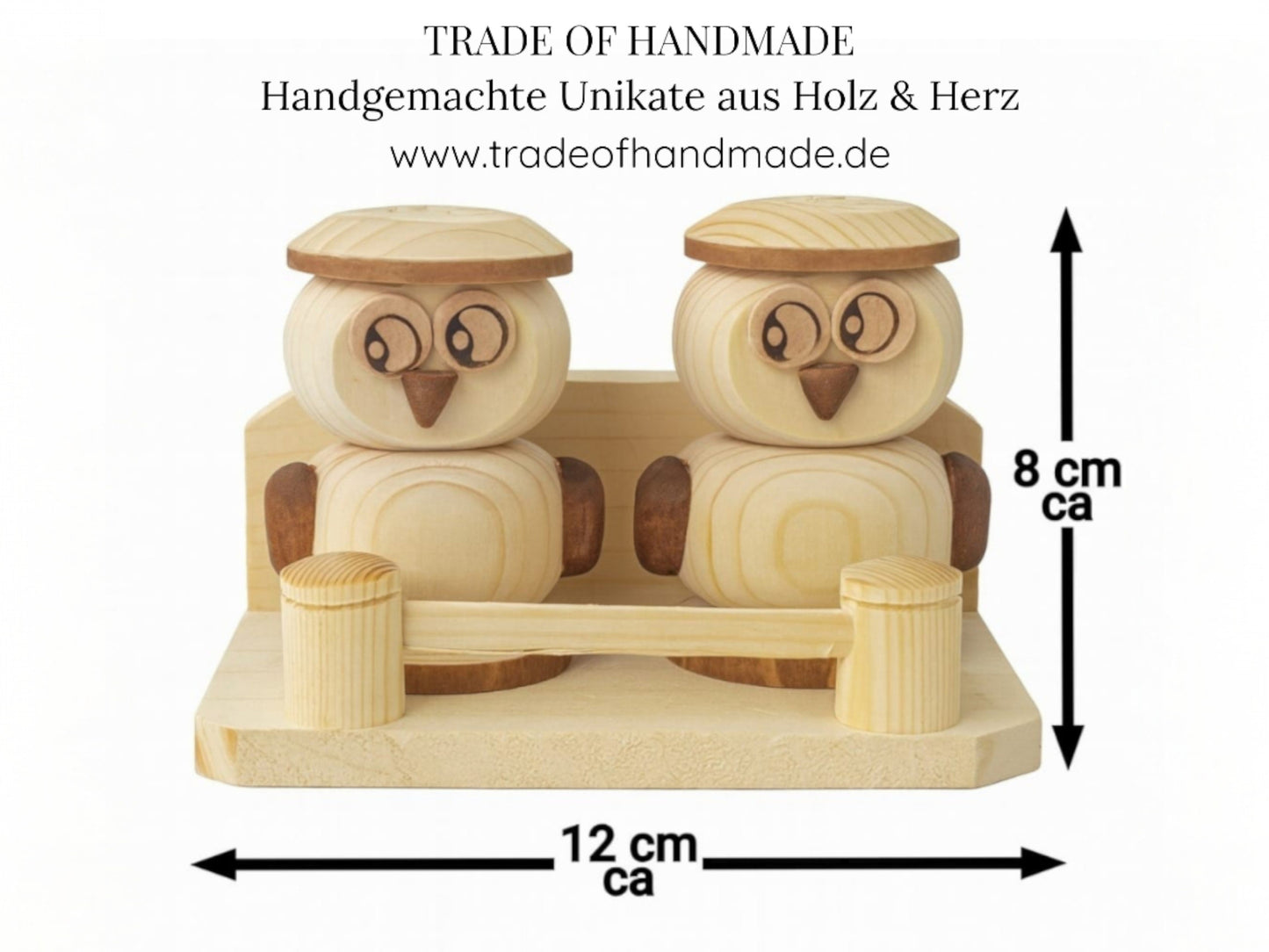 Handgemachtes 3-teiliges Salz- & Pfefferstreuer Eulen-Set aus Holz