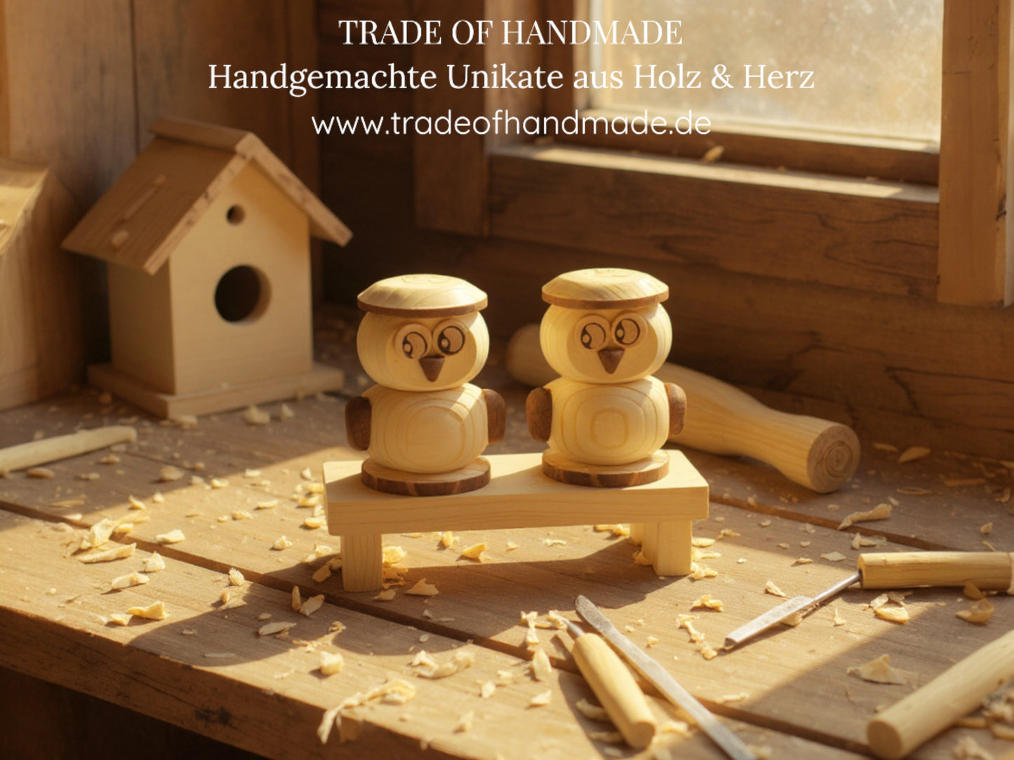 Handgemachtes 3-teiliges Salz- & Pfefferstreuer Eulen-Set aus Holz