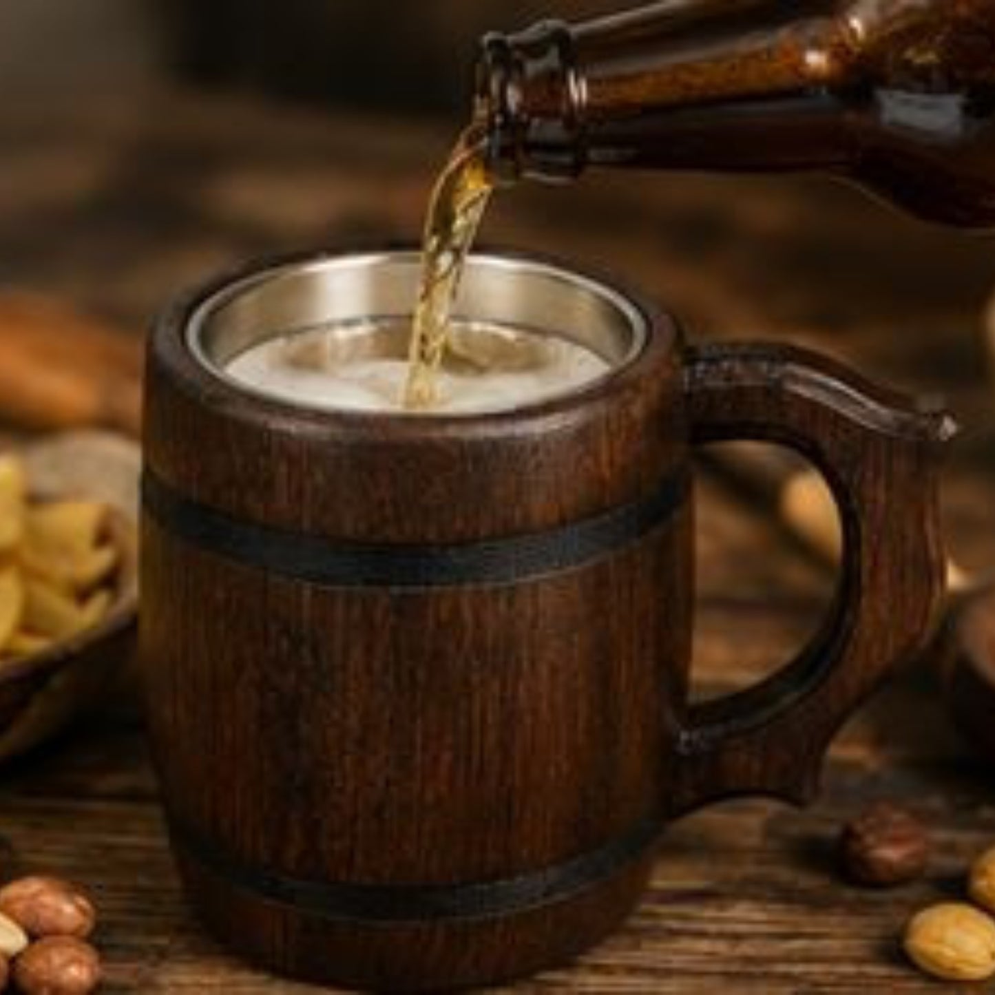 Holzbierkrug 0,5 L mit Edelstahleinsatz | Geschenk