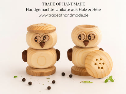 Handgemachtes 3-teiliges Salz- & Pfefferstreuer Eulen-Set aus Holz