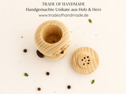 Handgemachtes 3-teiliges Salz- & Pfefferstreuer Eulen-Set aus Holz