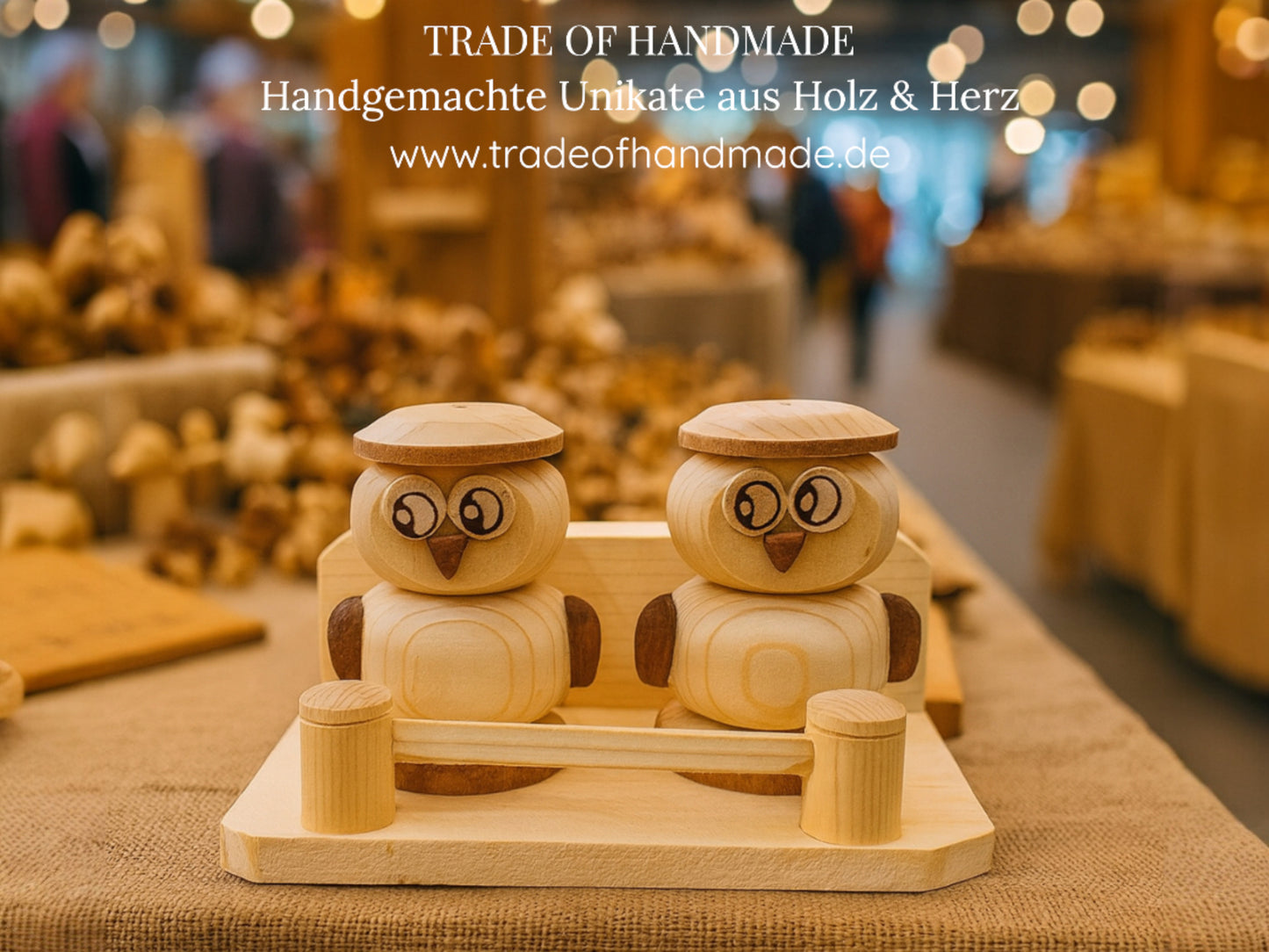 Handgemachtes 3-teiliges Salz- & Pfefferstreuer Eulen-Set aus Holz