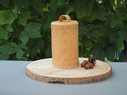 Storage boxes made of birch bark and birch wood, base and lid braided with light birch bark
