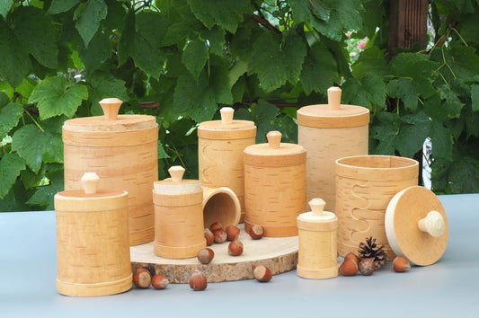 Conteneurs de stockage en écorce de bouleau et bois de bouleau, ronds