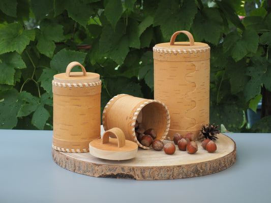 Conteneurs de stockage en écorce de bouleau et bois de bouleau, fond et couvercle tressés avec écorce de bouleau clair