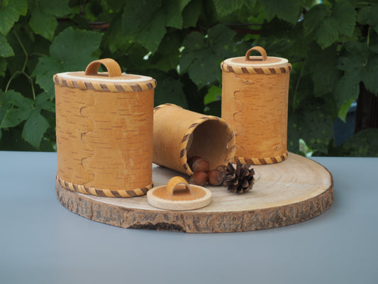 Storage boxes made from birch bark