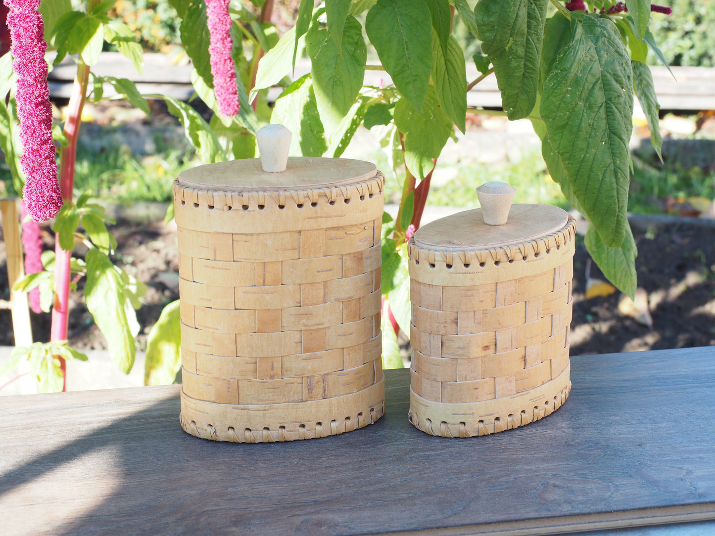 Storage boxes made of birch bark and birch wood, oval shape, braided