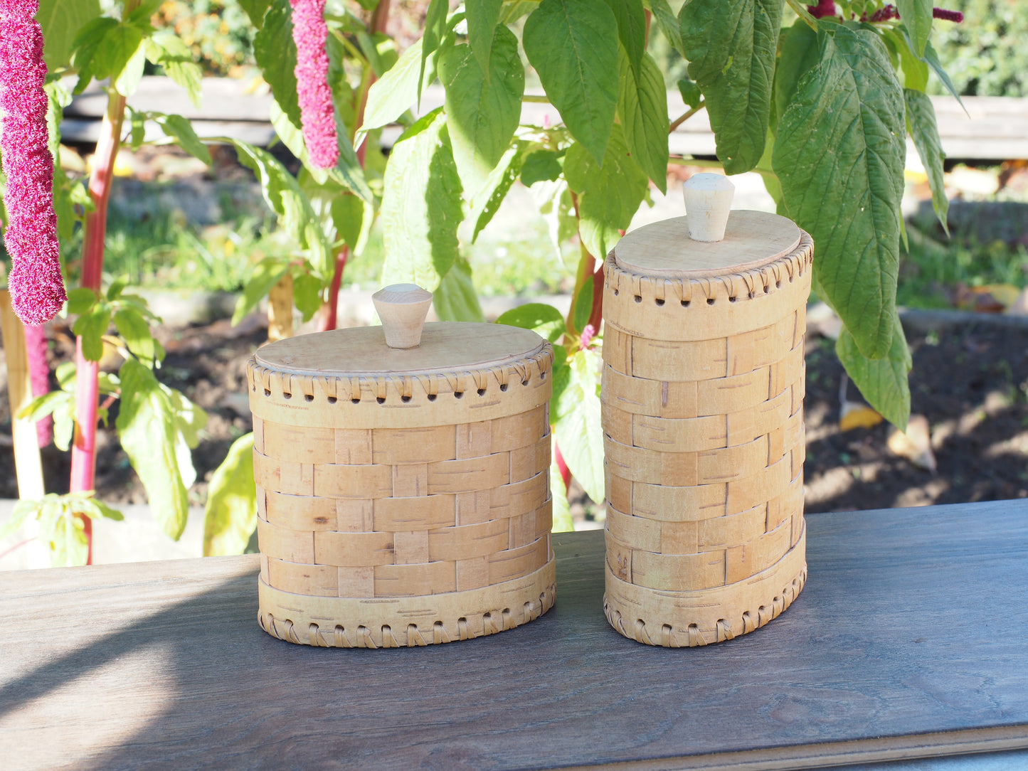 Storage boxes made of birch bark and birch wood, oval shape, braided