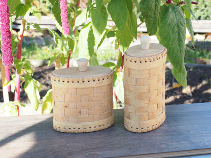 Storage boxes made of birch bark and birch wood, oval shape, braided