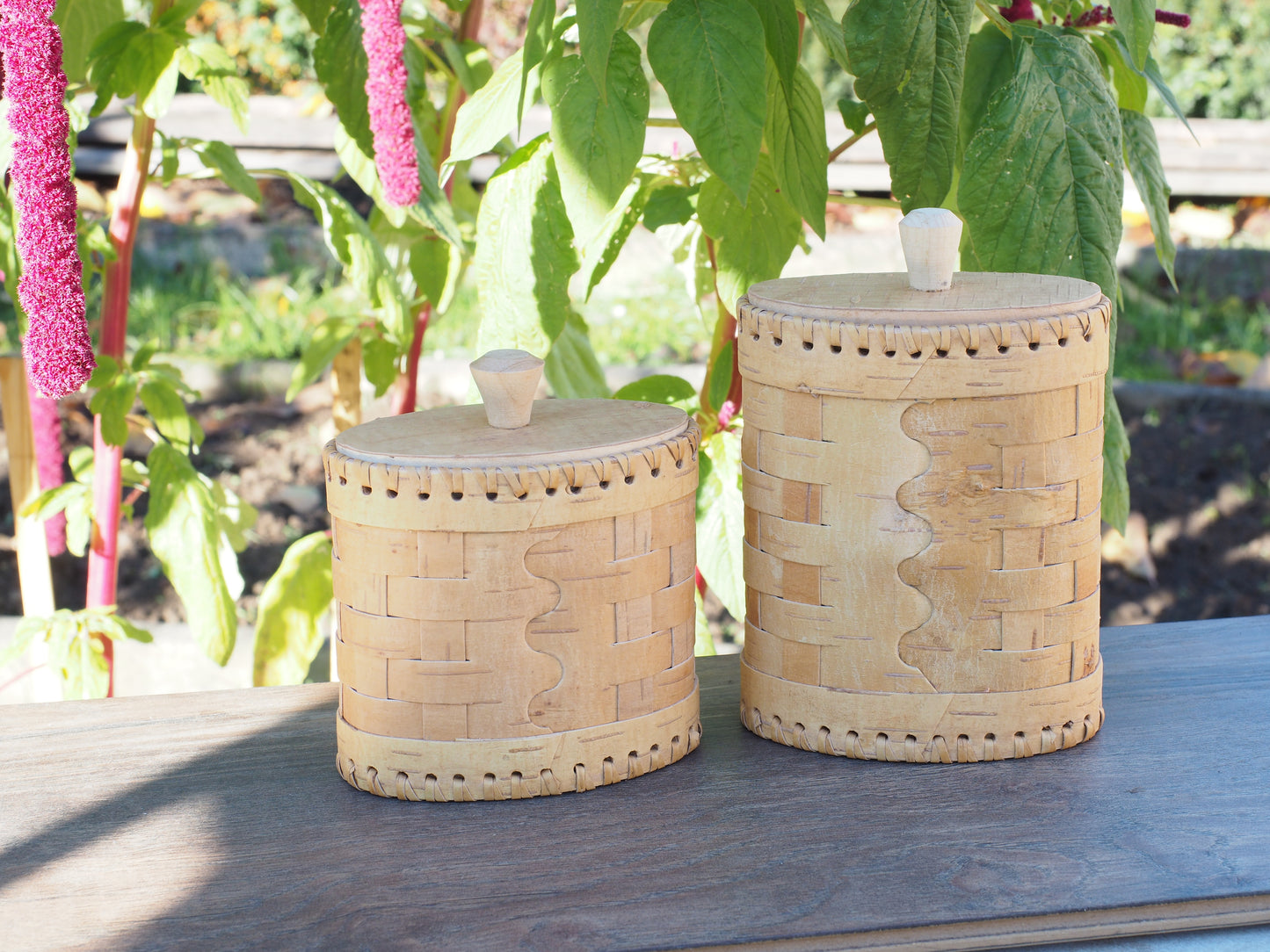 Storage boxes made of birch bark and birch wood, oval shape, braided