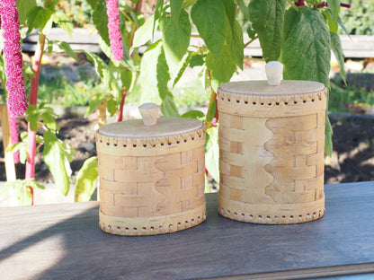 Storage boxes made of birch bark and birch wood, oval shape, braided
