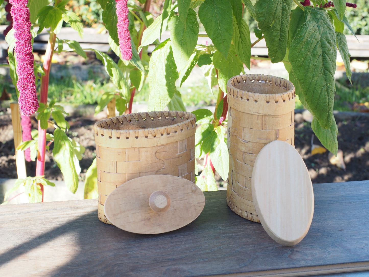Storage boxes made of birch bark and birch wood, oval shape, braided