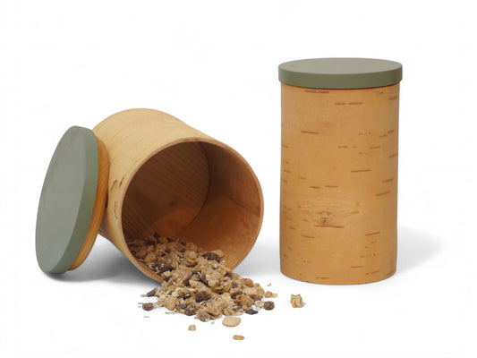 Storage boxes made of birch bark and birch wood, lids in apple green