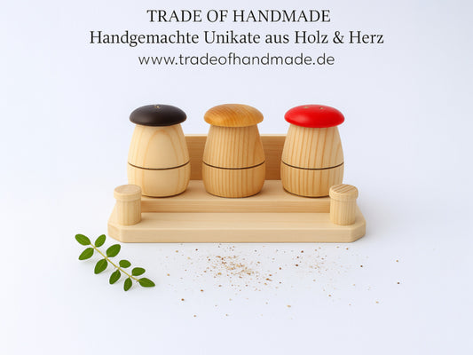 Handgemachtes Gewürzstreuer-Set aus Holz in Pilzform – Salz & Pfeffer Streuer nachhaltig & dekorativ