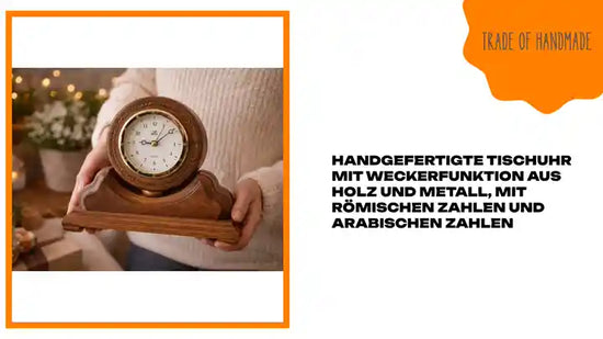 Handgefertigte Tischuhr mit Weckerfunktion aus Holz und Metall, mit r&ouml;mischen Zahlen und arabischen Zahlen by@Outfy